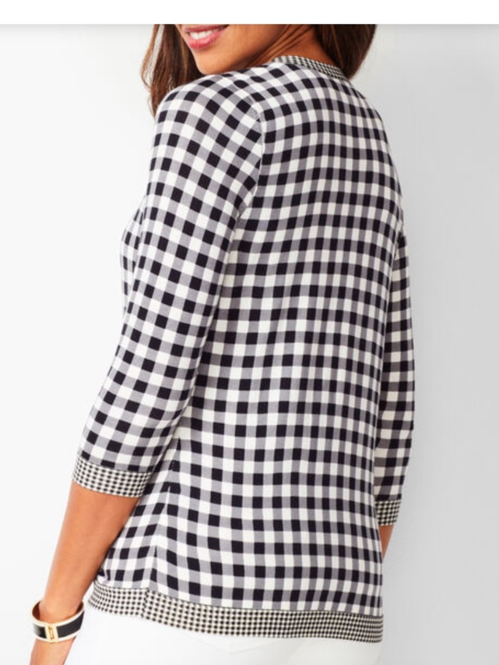 Charming Black and White Gingham Checks 3/4 Sleeve Button Front Cardigan Sz M/L